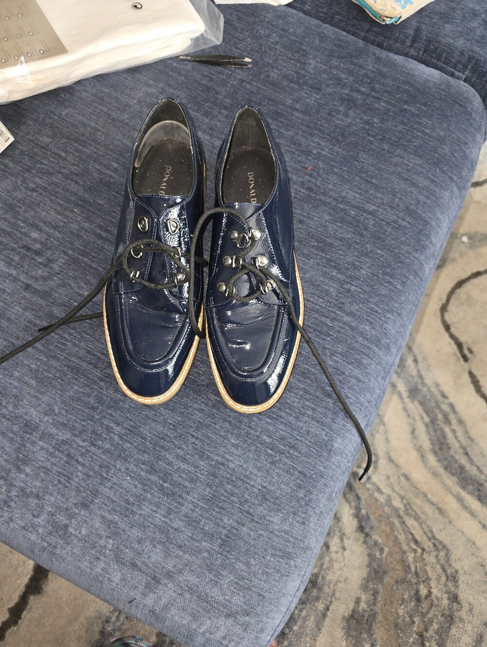Donald J. Pliner Navy Patent Leather Lace-Up Loafers with Tan Welt